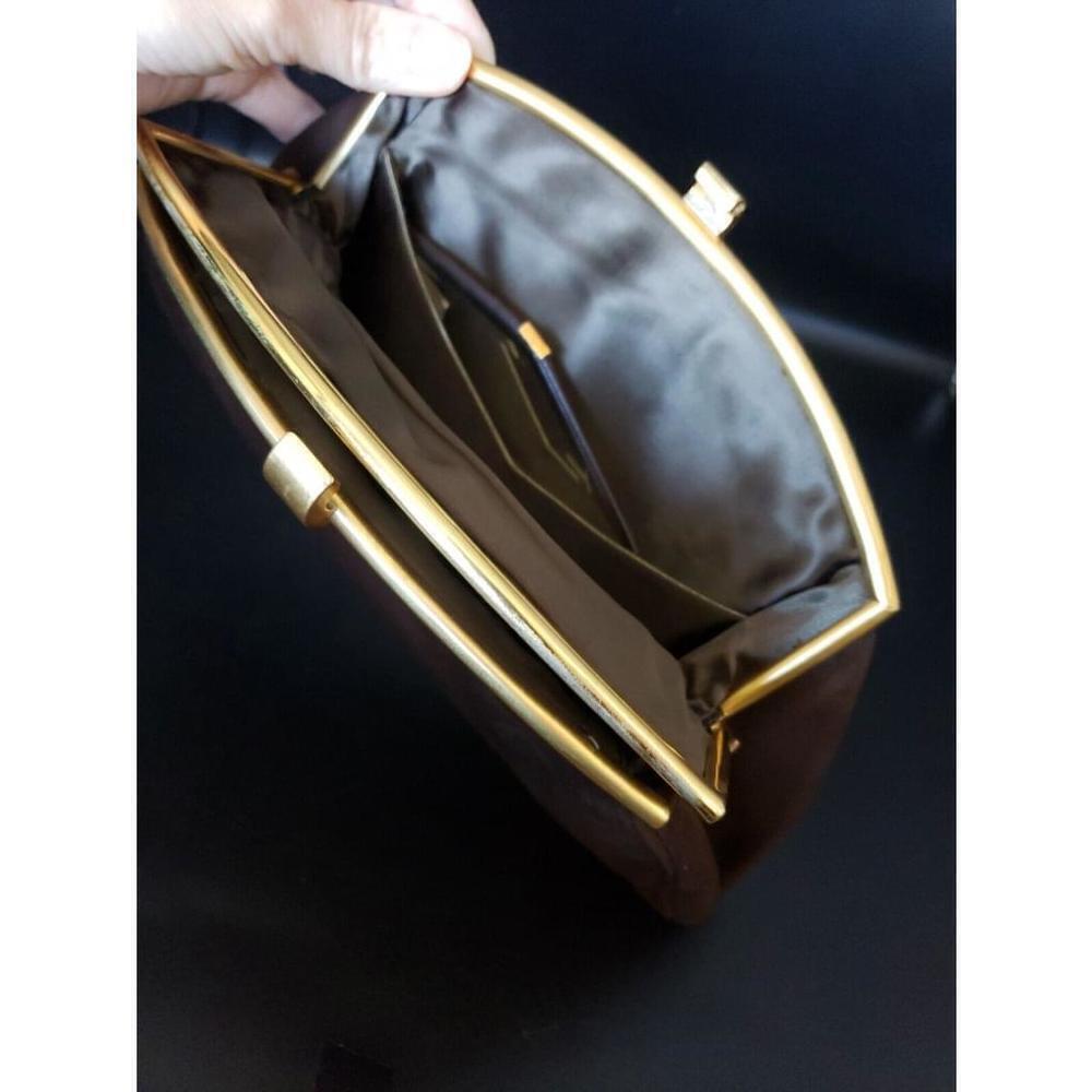 Vintage Dark Brown Velvet Gold Trim Block Wristlet strap Bag Purse w/ mirror! - Picture 6 of 14